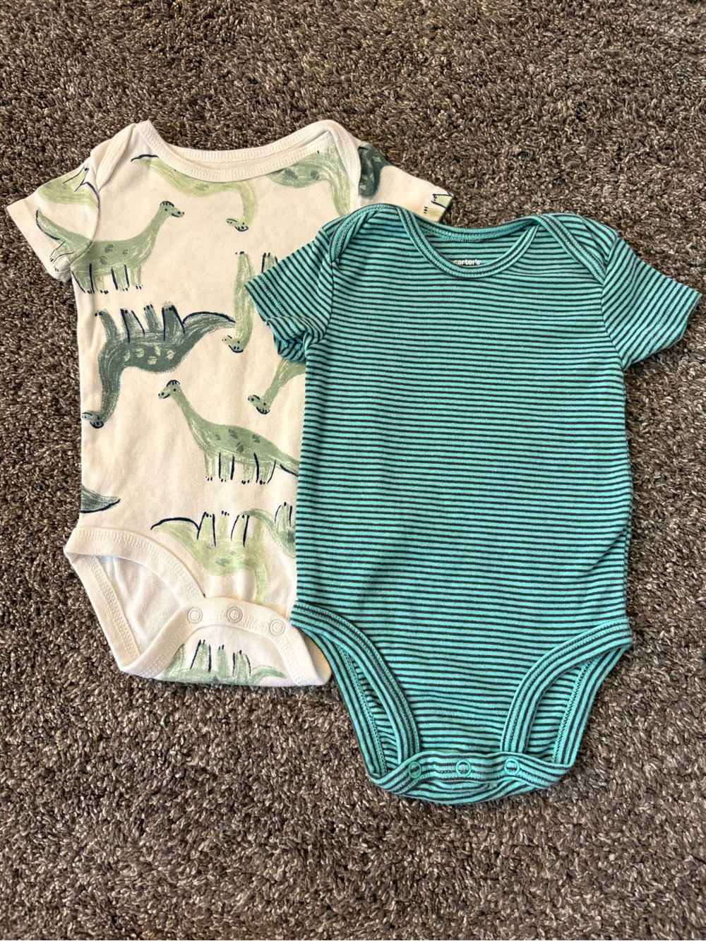Carter's Mint Green Dino & Teal Striped Baby Bodysuits
